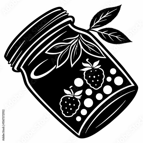 Stylized black and white illustration of a jar of jam with berries