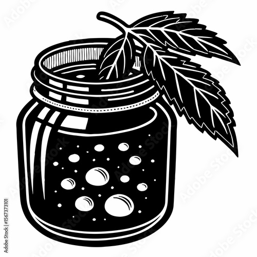 Black and white illustration of a jar filled with bubbly liquid and mint leaves