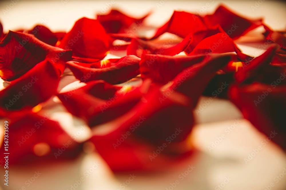 Fototapeta premium Scattered red rose petals on table