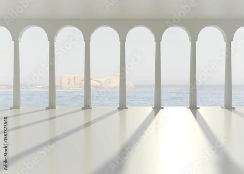 Coastal pavilion showing flat design with white fluted columns and arches, calm sea beyond