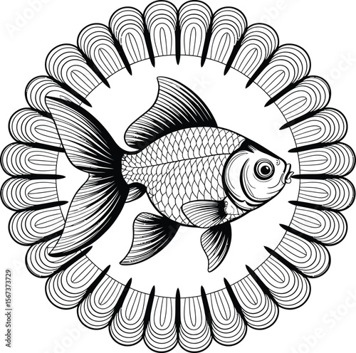 Ornate silhouette vector of goldfish with decorative circular flower frame in black and white style