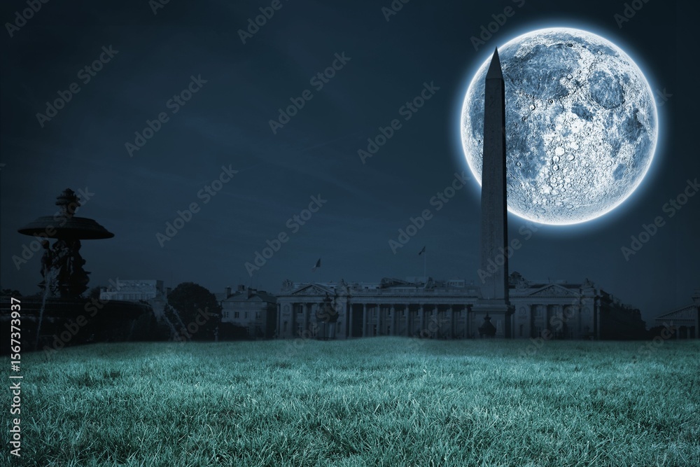 Fototapeta premium Digital composite of Bright moon over Paris