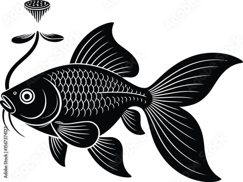 Closeup silhouette vector of goldfish and lotus seed pod floating in water in stylized art scene
