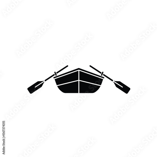 Black silhouette of a rowboat with oars on white background