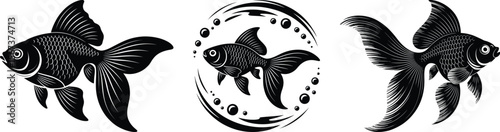 Silhouette vector trio of detailed goldfish in swimming poses with circular and bubble design elements