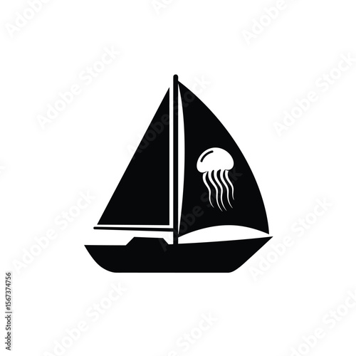 Black silhouette of a sailboat with a jellyfish icon