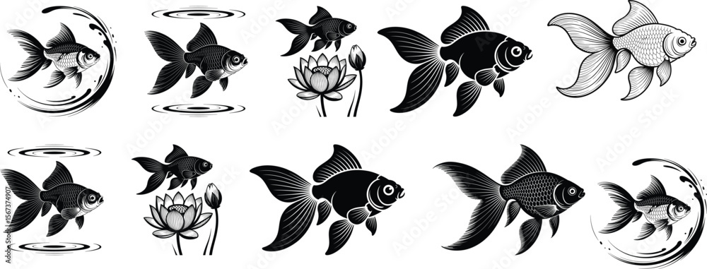 Fototapeta premium Silhouette vector bundle of decorative goldfish and lotus with various poses and ornate line details