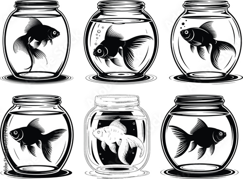 Silhouette vector collection of goldfish inside glass fishbowls in various poses and minimalist style
