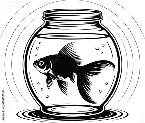Silhouette vector of a goldfish in a fishbowl with bubbles and radial water ripple in black and white