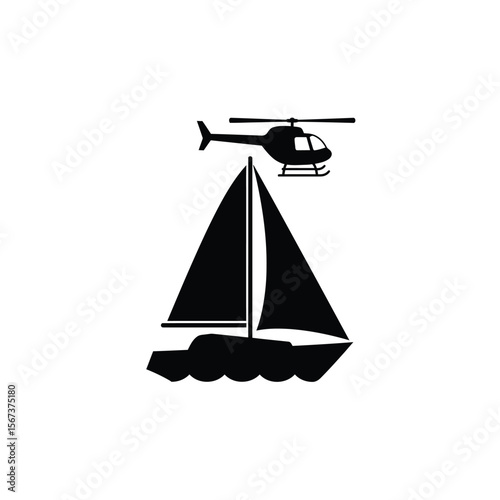 Black silhouette of sailboat with helicopter above