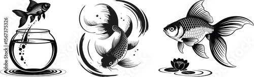 Goldfish jumping from fishbowl with dynamic silhouette vector swirls and motion design