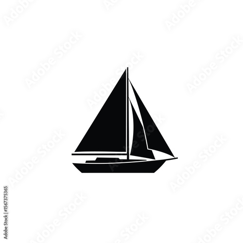 Black silhouette of a sailboat with unfurled sails on white