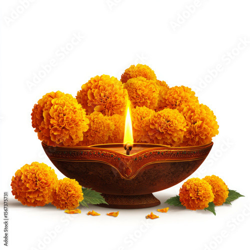 Traditional Indian diya lamp surrounded by golden marigold flowers in a decorative bowl. Symbol of Diwali, spirituality, and festive Hindu offerings.