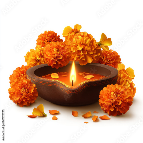 Traditional Indian diya surrounded by vibrant marigold flowers and petals, glowing with warm flame. A spiritual symbol of Diwali, prayer, and sacred celebrations.