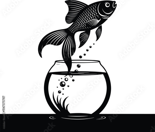 Silhouette vector of jumping goldfish with splash and bubble trail coming out from round fishbowl