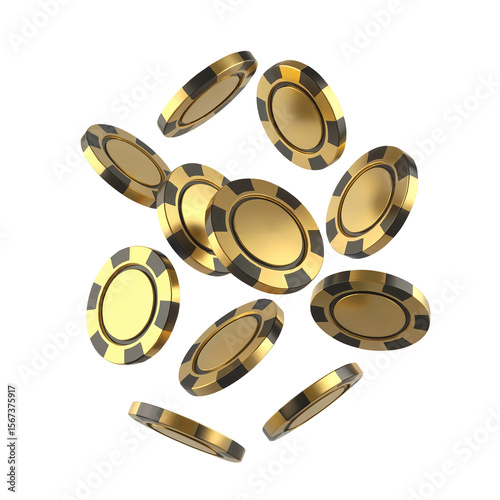 Golden casino chips falling concept for gambling and games of chance art isolated on transparent background
