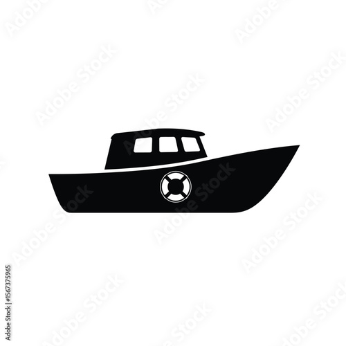 Black silhouette of a boat with life buoy icon white