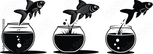 Silhouette vector of goldfish jumping out of round bowl in creative splash design concept