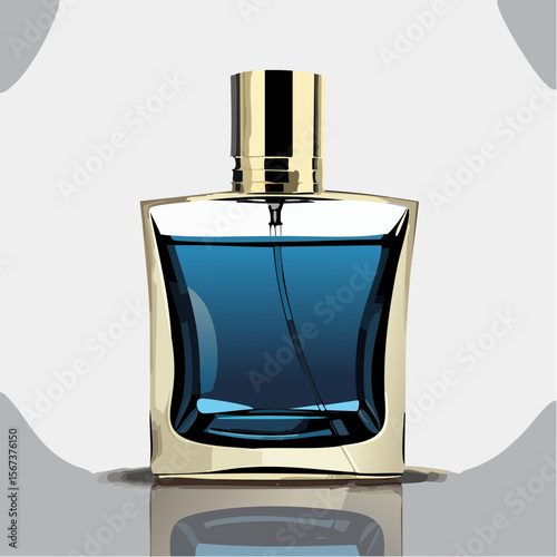 highly detailed flat vector illustration of a luxury perfume bottle, tilted slightly to the right on a clean white or transparent background