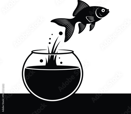 Silhouette vector of goldfish leaping from fishbowl in upward flight with splash and bubble elements