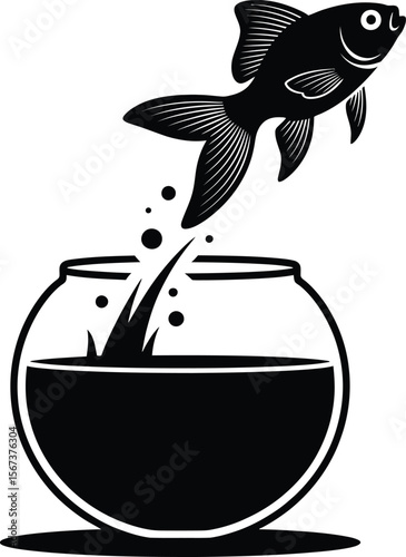 Silhouette vector illustration of goldfish mid-leap from a filled bowl over dark shadow surface