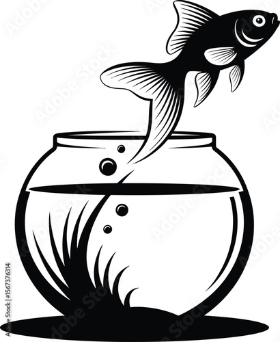 Goldfish silhouette vector leaping upward from fishbowl with splash and motion line design
