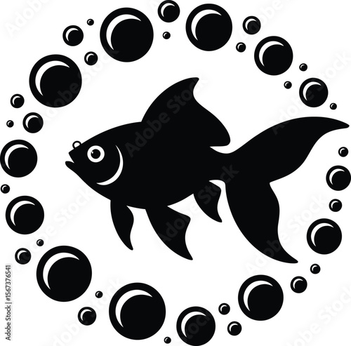 Silhouette vector goldfish swimming in circular bubble frame with playful underwater motion
