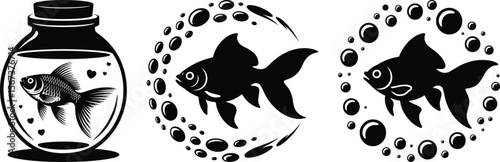 Silhouette vector of bold goldfish with strong curved tail in bubble surround with ink splash styling