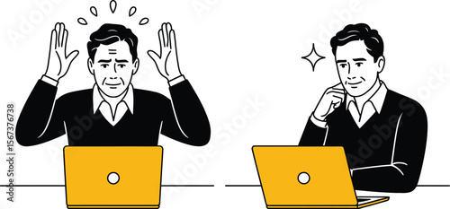 Cartoon man problem solving concept vector illustration laptop solution idea eureka moment success 
