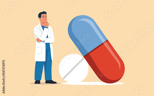 Doctor thinking about medication prescription and pharmaceutical drugs and healthcare treatment