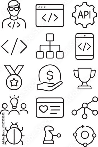Web development set of web icons in line style. Developer icons for web and mobile app. Code, api, programmer coding, app, flow, node connect, web coder, bug fix and more line art vector illustration