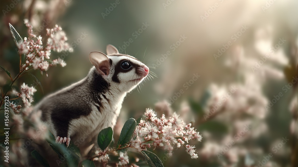 Fototapeta premium A sugar glider perches amongst delicate pink blossoms and green leaves with a soft bokeh background