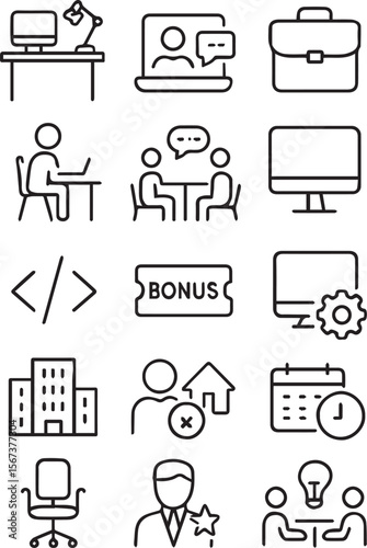 Office workspace set of web icons in line style. Office and coworking icons for web and mobile app. Office, remote working, meeting, co-worker, workspace, desk, computer, business icons and more line 
