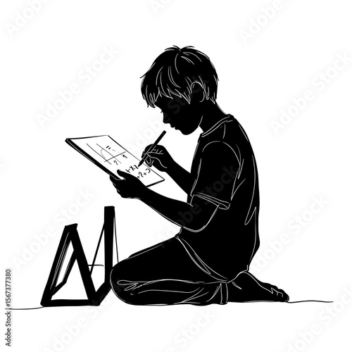 Young boy solving math problems while sitting on the floor  