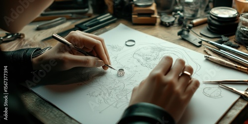 A jewelry maker designing a custom ring in a workshop, tools spread across the table