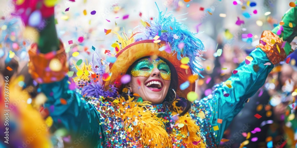 A joyful carnival with confetti, bright costumes, and enthusiastic participants A joyful carnival with confetti, bright costumes, and enthusiastic participants