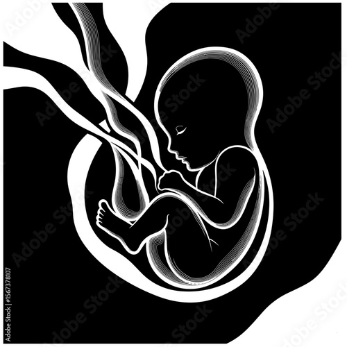Fetus in womb with umbilical cord depicted in monochrome design  