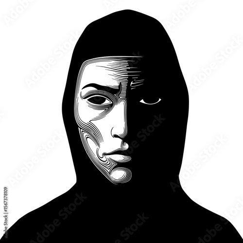 Masked figure with half human and half robotic face in black hood  