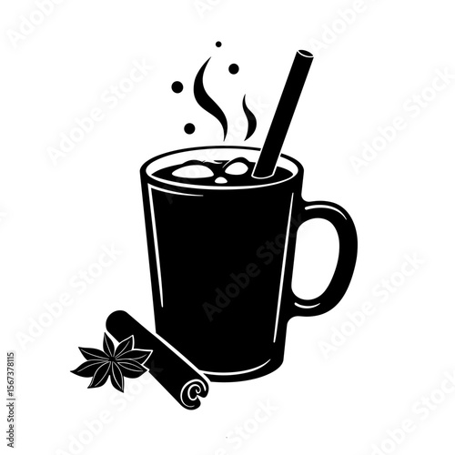 Hot cider with cinnamon and star anise in black mug  