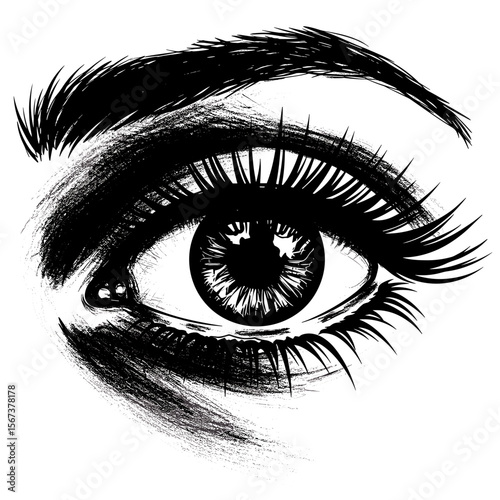 Detailed black and white illustration of an eye with eyelashes  