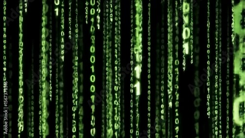 Green matrix code with binary numbers falling on a black background