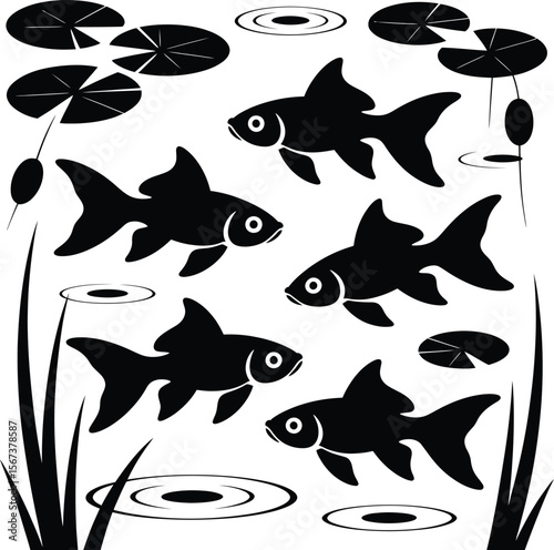 Silhouette vector artwork of five goldfish swimming together in pond with ripple, lily pad, and plant decoration