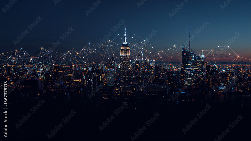Fototapeta premium Connected Cityscape Network Overlay