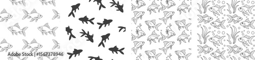 Silhouette vector goldfish repeat pattern set in thin line and solid styles with pond leaf and bubble motifs