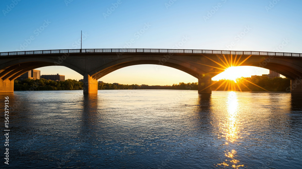 Naklejka premium Sunset Over the River with a Majestic Bridge Silhouette and Golden Reflections on the Water in a Scenic Urban Landscape