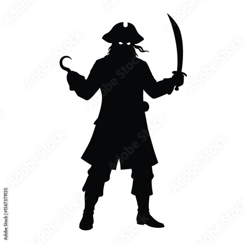 Black silhouette of a pirate with sword and hook white
