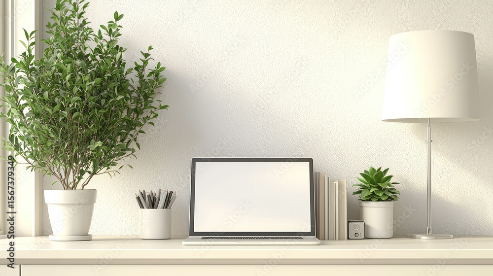 Fototapeta premium Desk with laptop, plants, lamp; minimalist scene