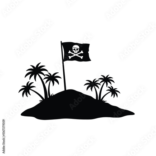 Black silhouette of a desert island with palm trees and pirate flag
