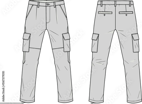 technical flat sketch, functional pocket design, detailed stitching, utility apparel template
