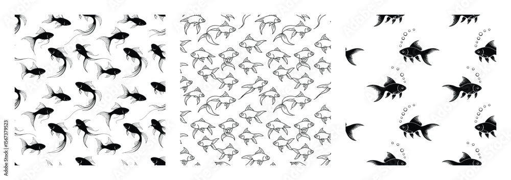 Naklejka premium Silhouette vector seamless goldfish pattern in detailed hand-drawn style with curve and ornamental fins